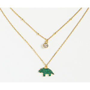 Tiny Dino Pendant Gold Double Chain Necklace
