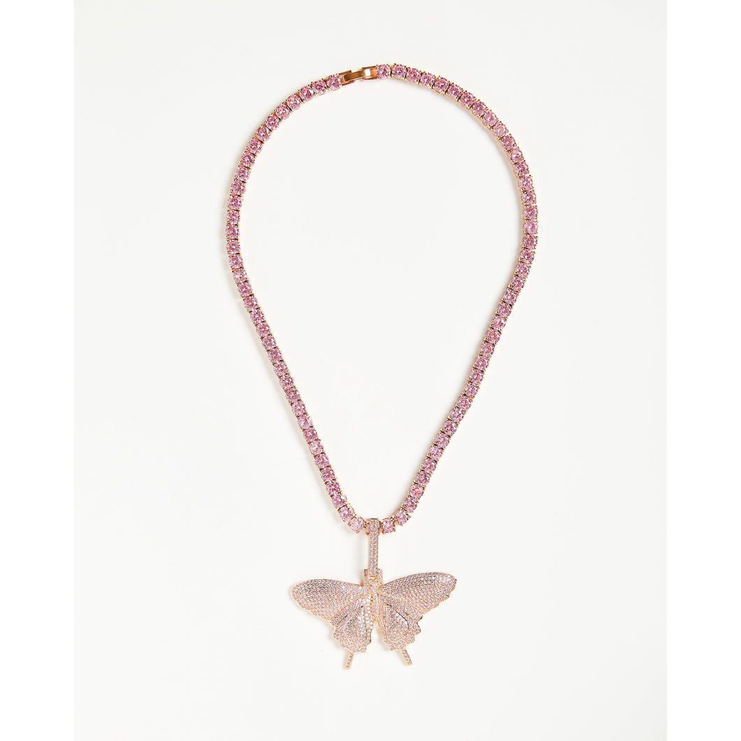 Butterfly Pendant Tennis Chain Necklace in Pink