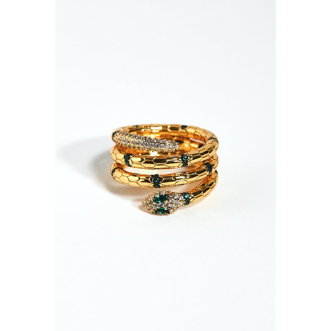 Statement Gold Etched Green Eyed Serpent Ring