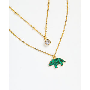 Tiny Dino Pendant Gold Double Chain Necklace