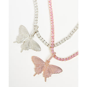 Butterfly Pendant Tennis Chain Necklace in Silver