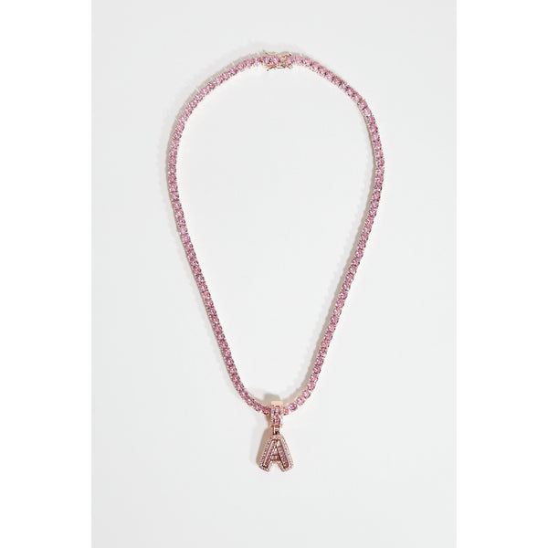 Pink Initial Letter Pendant Tennis Chain Necklace