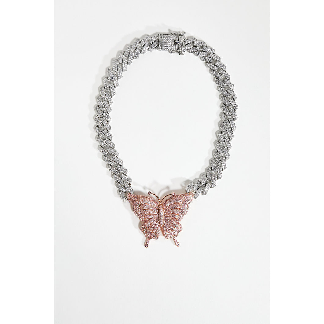 Pink Butterfly 12mm Miami Cuban Chain Necklace